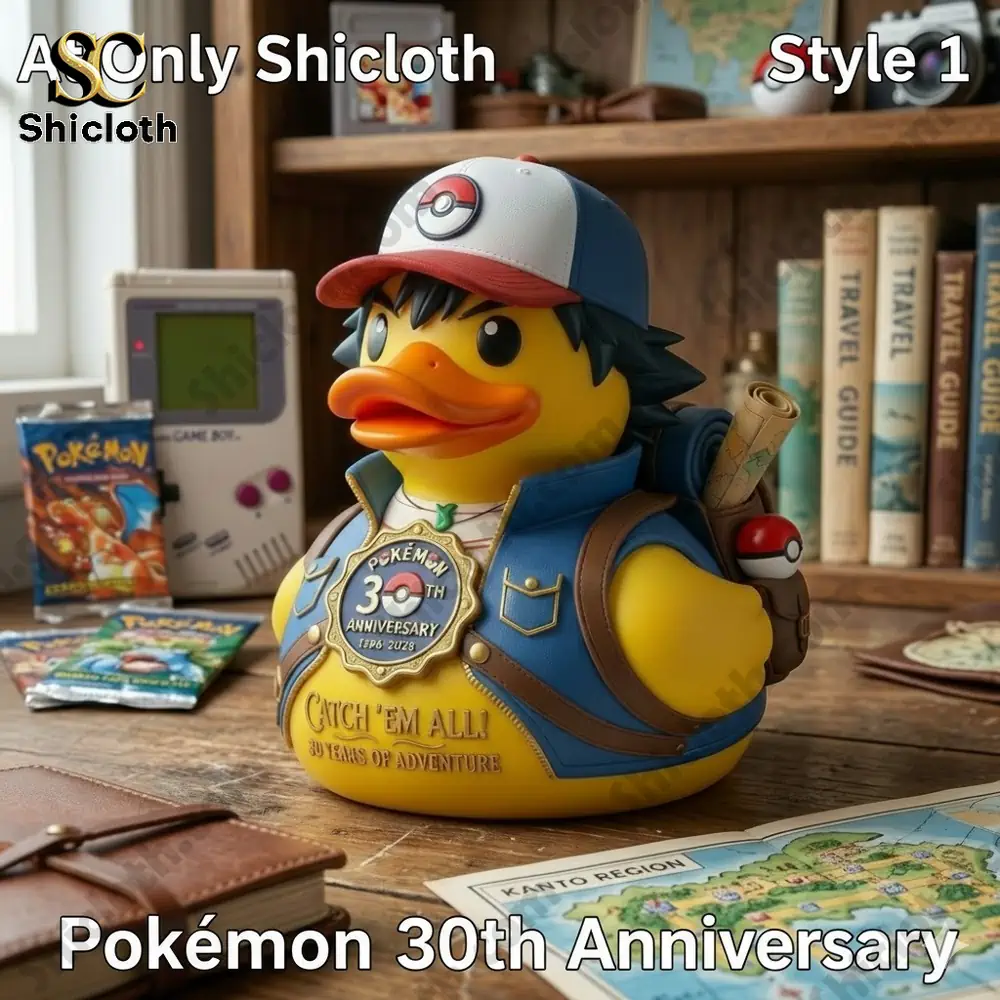 Pokemon trainer style resin duck collectible from Shicloth on desk with map and retro game items!