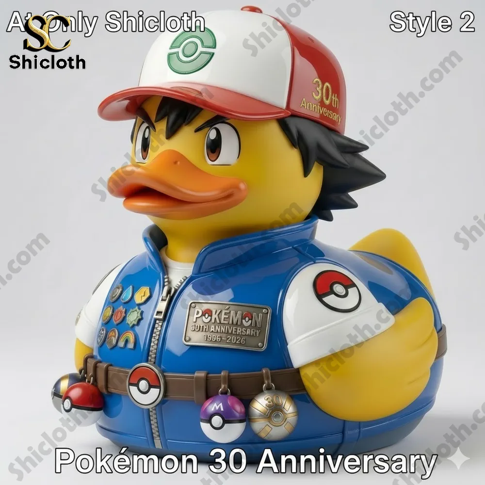 Pokemon trainer themed resin duck collectible with blue jacket and badges by Shicloth!