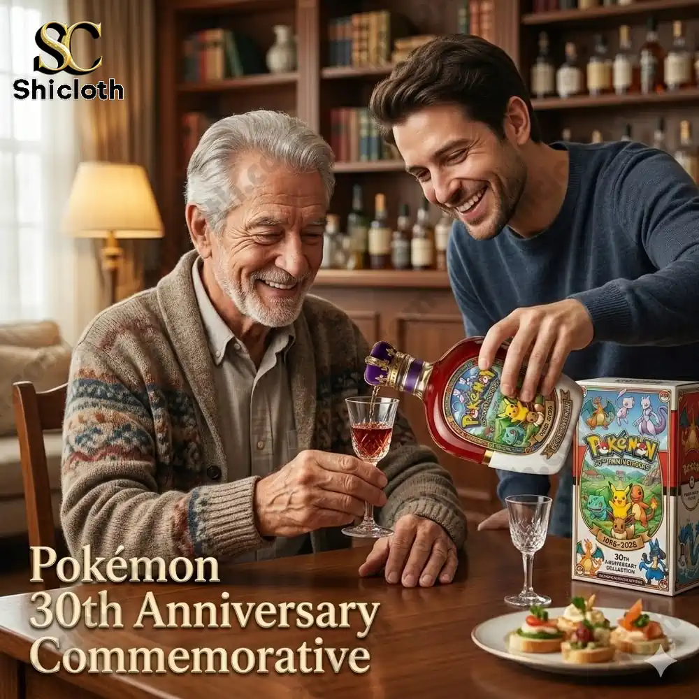 A joyful moment shared between two people with the Pokémon 30th Anniversary Commemorative Collector’s Bottle on the table, marking the milestone celebration.