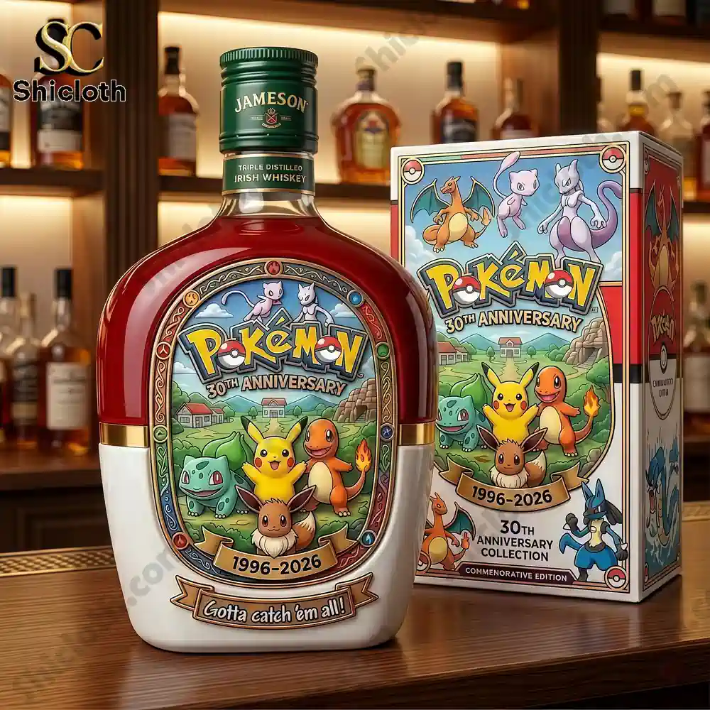 Close-up of the Pokémon 30th Anniversary Commemorative Collector’s Bottle with a vibrant design featuring iconic Pokémon characters.
