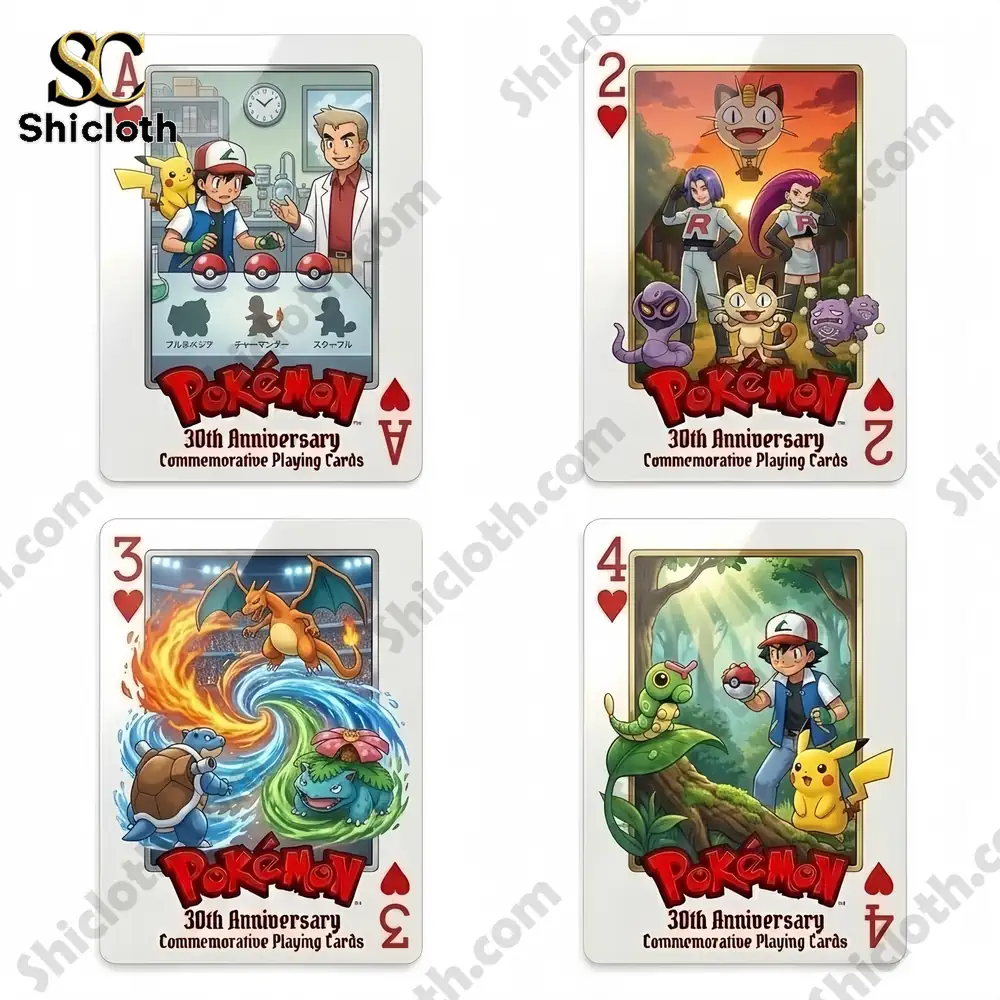 Pokemon themed playing cards showing ace to four with trainers and creatures!