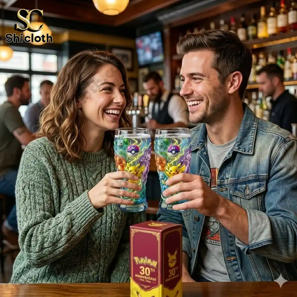 Couple holding Pokemon 30th Anniversary glass at a bar with Shicloth product box