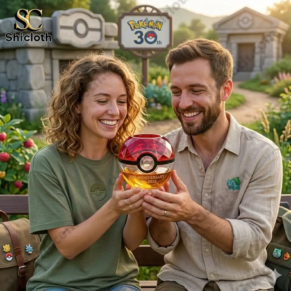 Couple holding Pokemon thirtieth anniversary Pokeball whisky glass in a garden setting