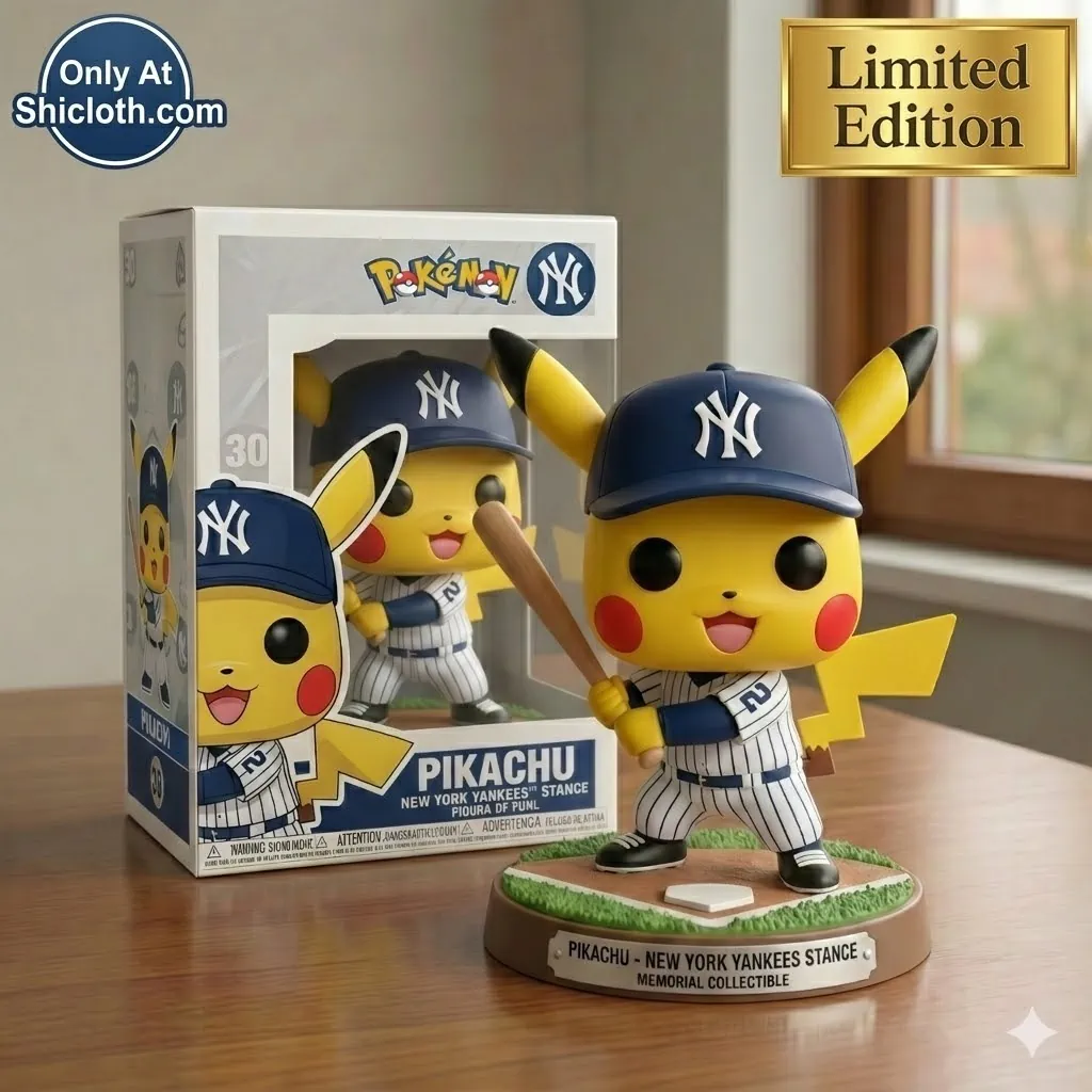 Pikachu baseball figure wearing New York Yankees uniform holding bat!