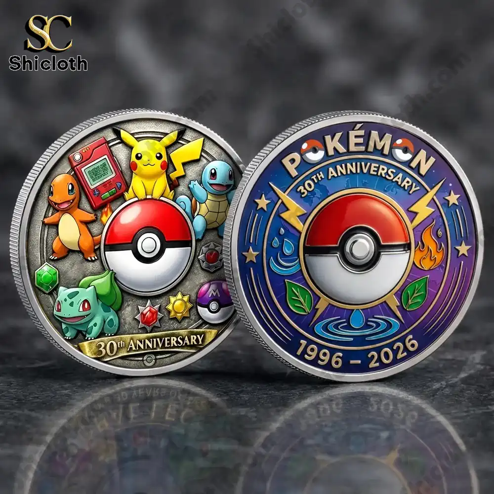 Front and back design of Pokemon thirty anniversary commemorative collector coin!