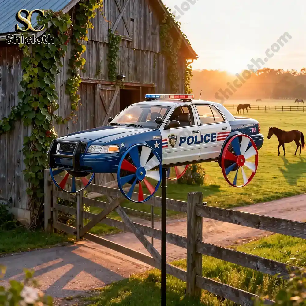 Police car wind spinner on a farm at sunset