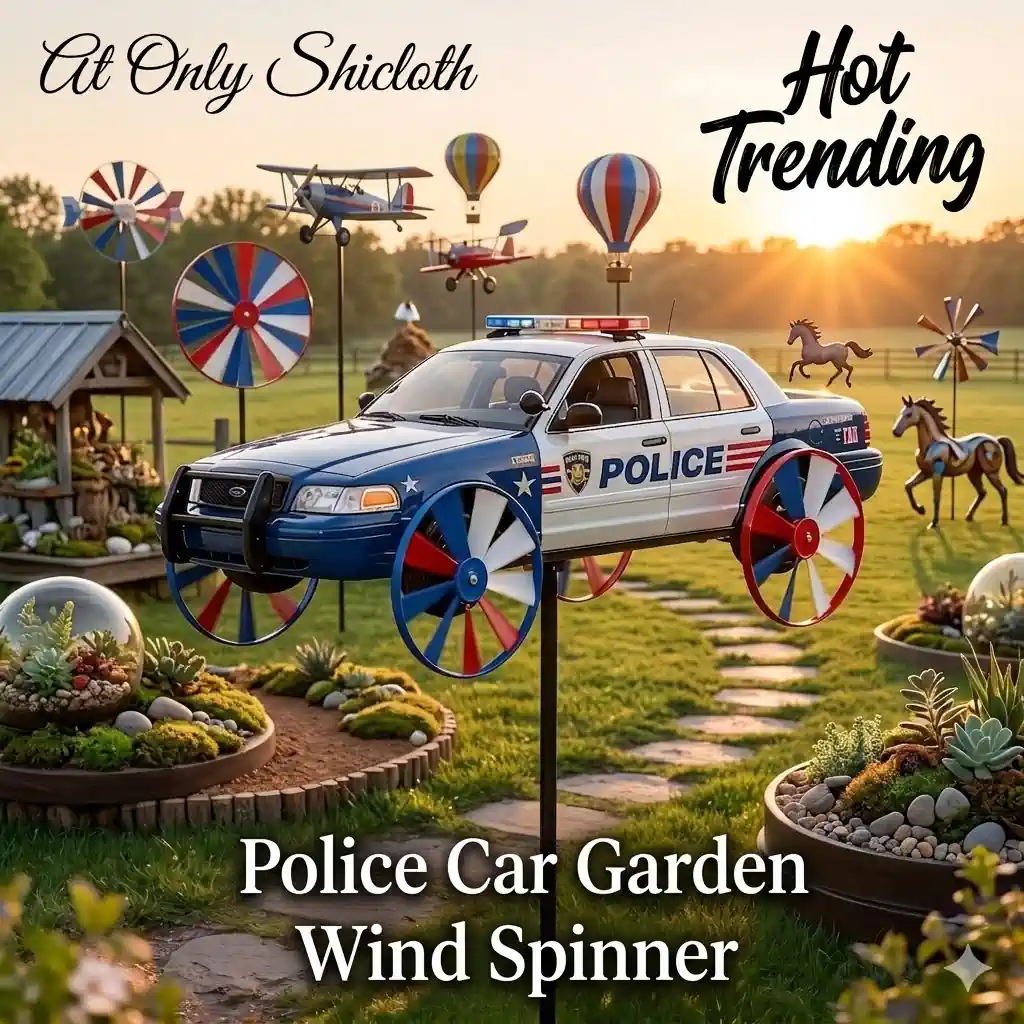 Police car wind spinner in a decorative garden setting