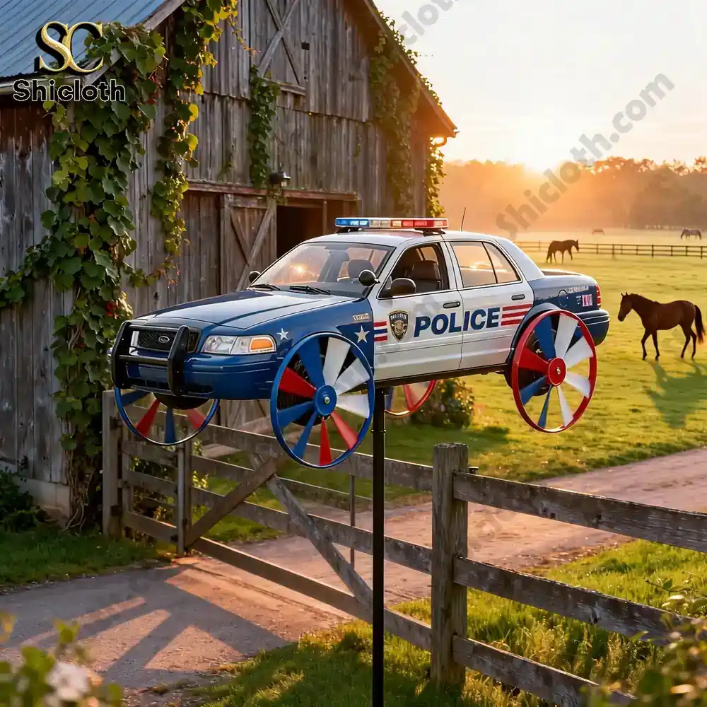 Police Car Garden Wind Spinner 4 Police car wind spinner beside wooden fence in countryside