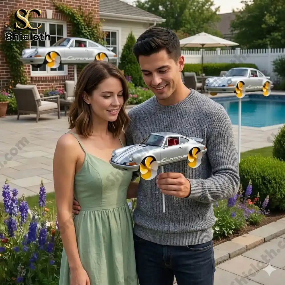 Couple holding Porsche Carrera style wind spinner in garden near pool!