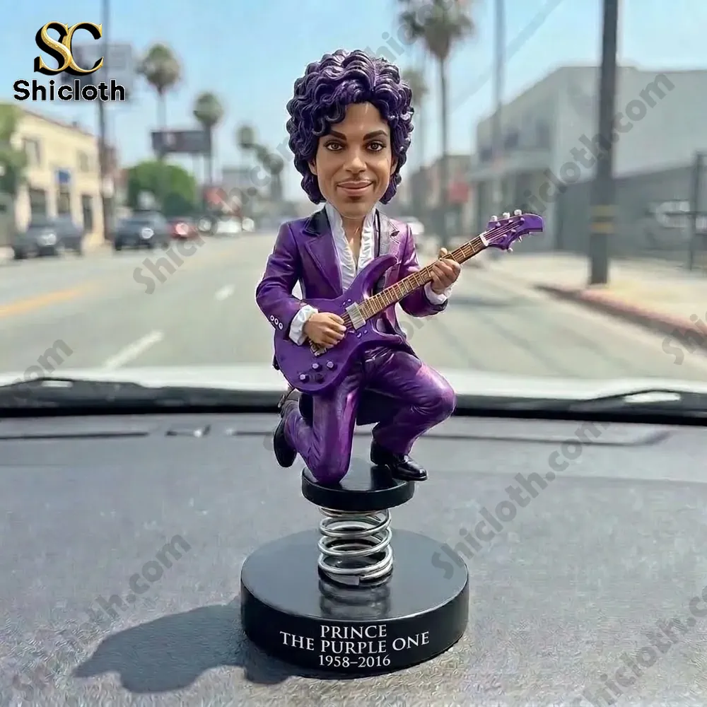 purple guitar player bobblehead figure on car dashboard during city drive!