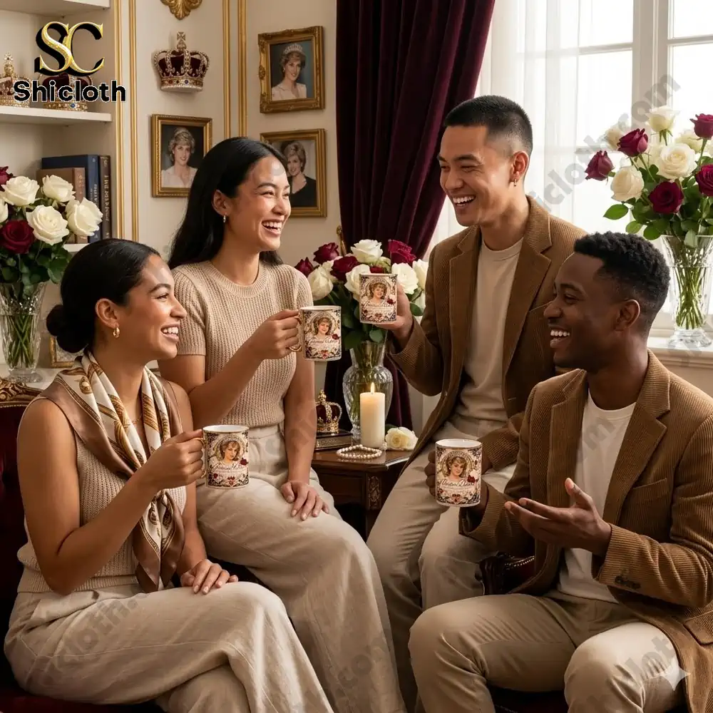 Friends holding Princess Diana memorial mugs during a cozy gathering!