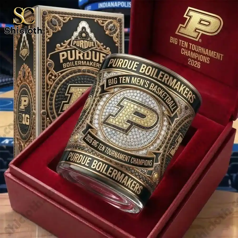 Close up of Purdue Boilermakers whiskey glass in a premium gift box