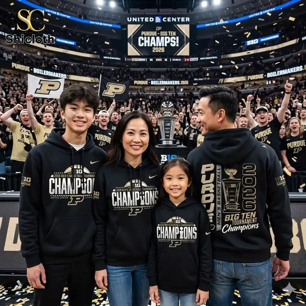 Family wearing Purdue Boilermakers Big Ten Champions 2026 hoodie in arena celebration!