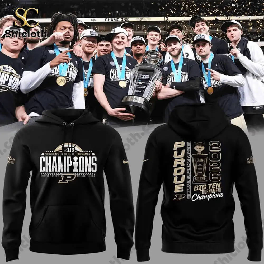 Purdue team holding trophy wearing Big Ten Champions 2026 hoodie!