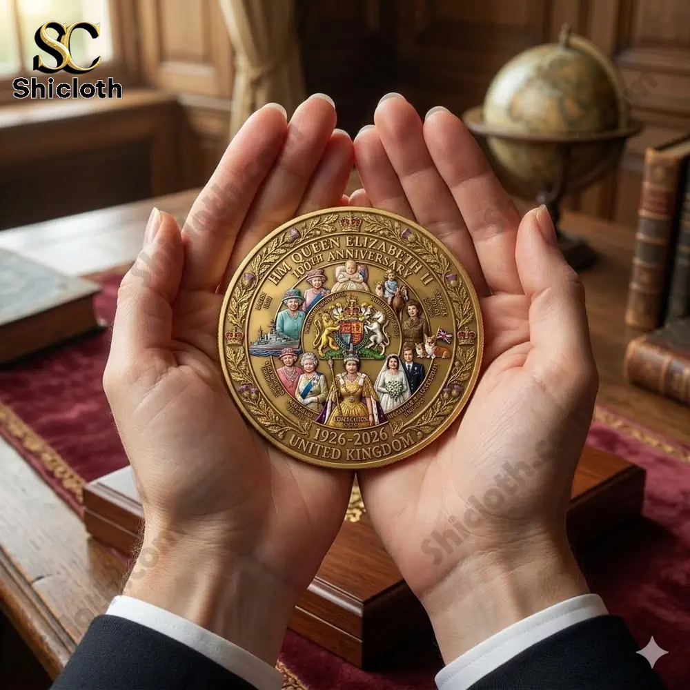 Hands holding Queen Elizabeth anniversary coin