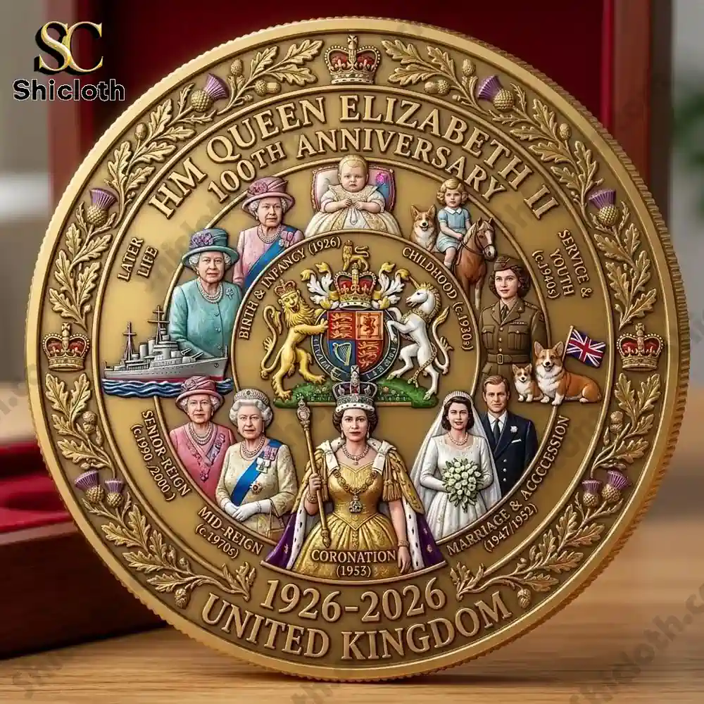 Close up Queen Elizabeth life stages coin