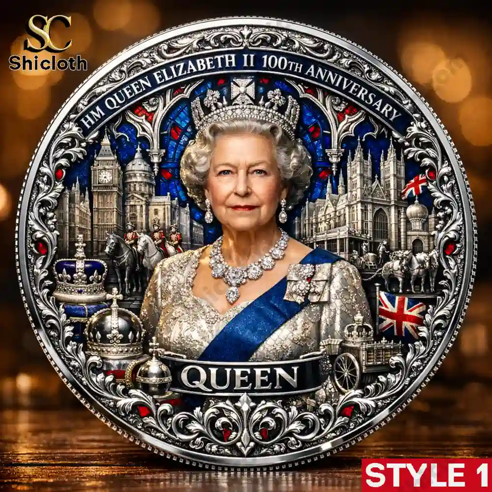 Queen Elizabeth II commemorative coin with crown and London landmarks design