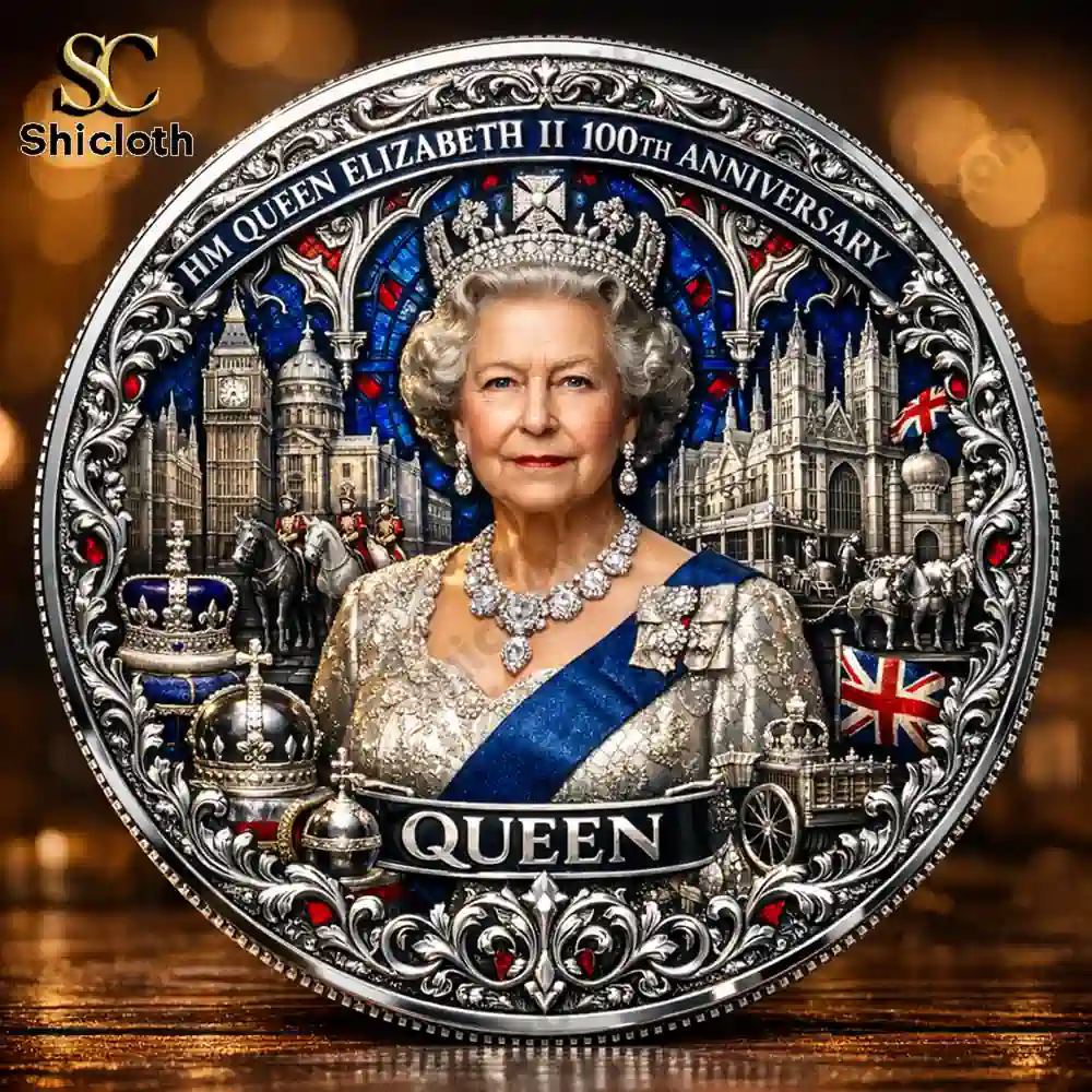 Close view of Queen Elizabeth II commemorative coin with ornate silver frame