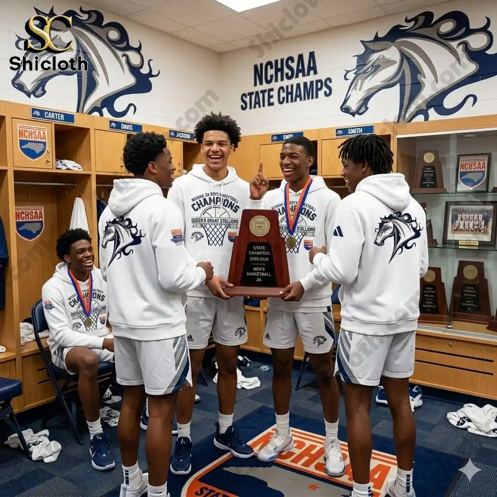 Freedom Isn?t Free Veteran Tropical Paradise Apparel Hawaiian Shirt 2 High school basketball players celebrate a state championship while a Queens Grant Stallions champions hoodie design is displayed!