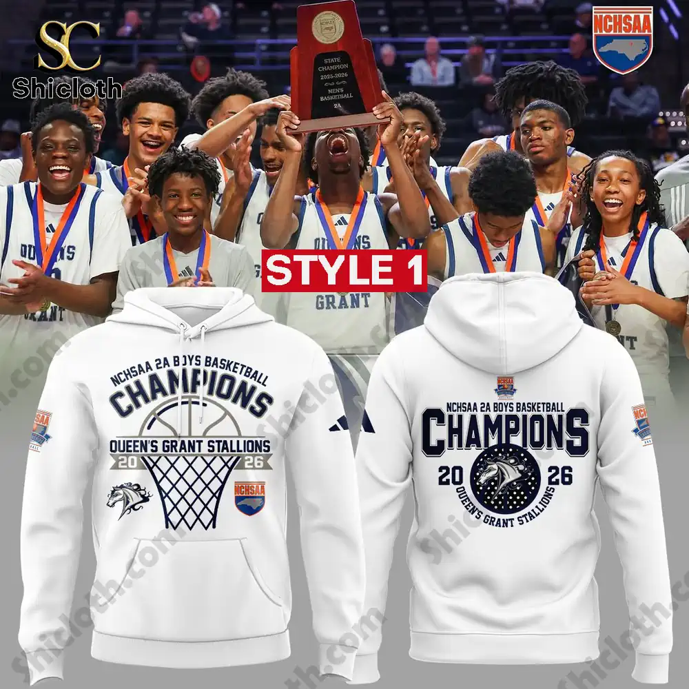 White Queens Grant Stallions basketball champions hoodie with front net graphic and back champion badge design!