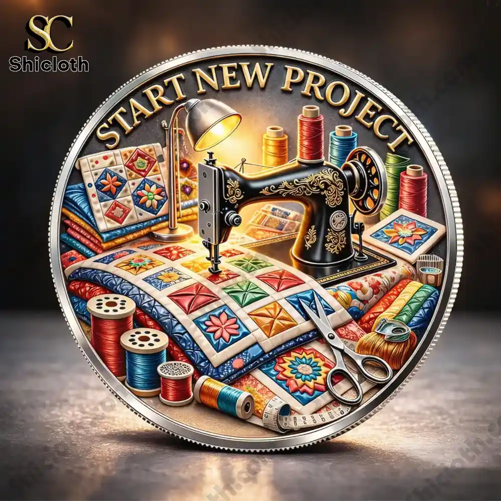 Decorative quilting sewing coin with sewing machine colorful quilt and sewing tools by Shicloth!