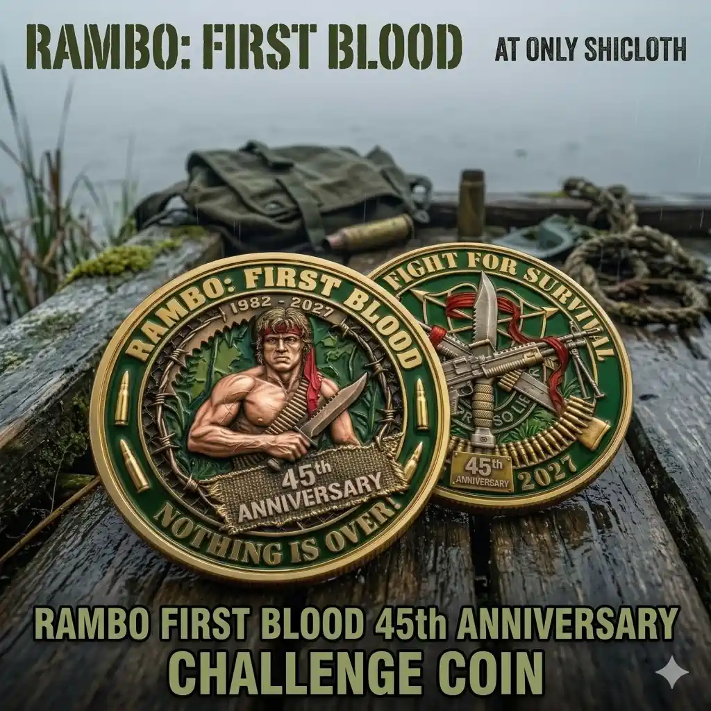 rambo first blood challenge coins placed on outdoor wooden surface with gear