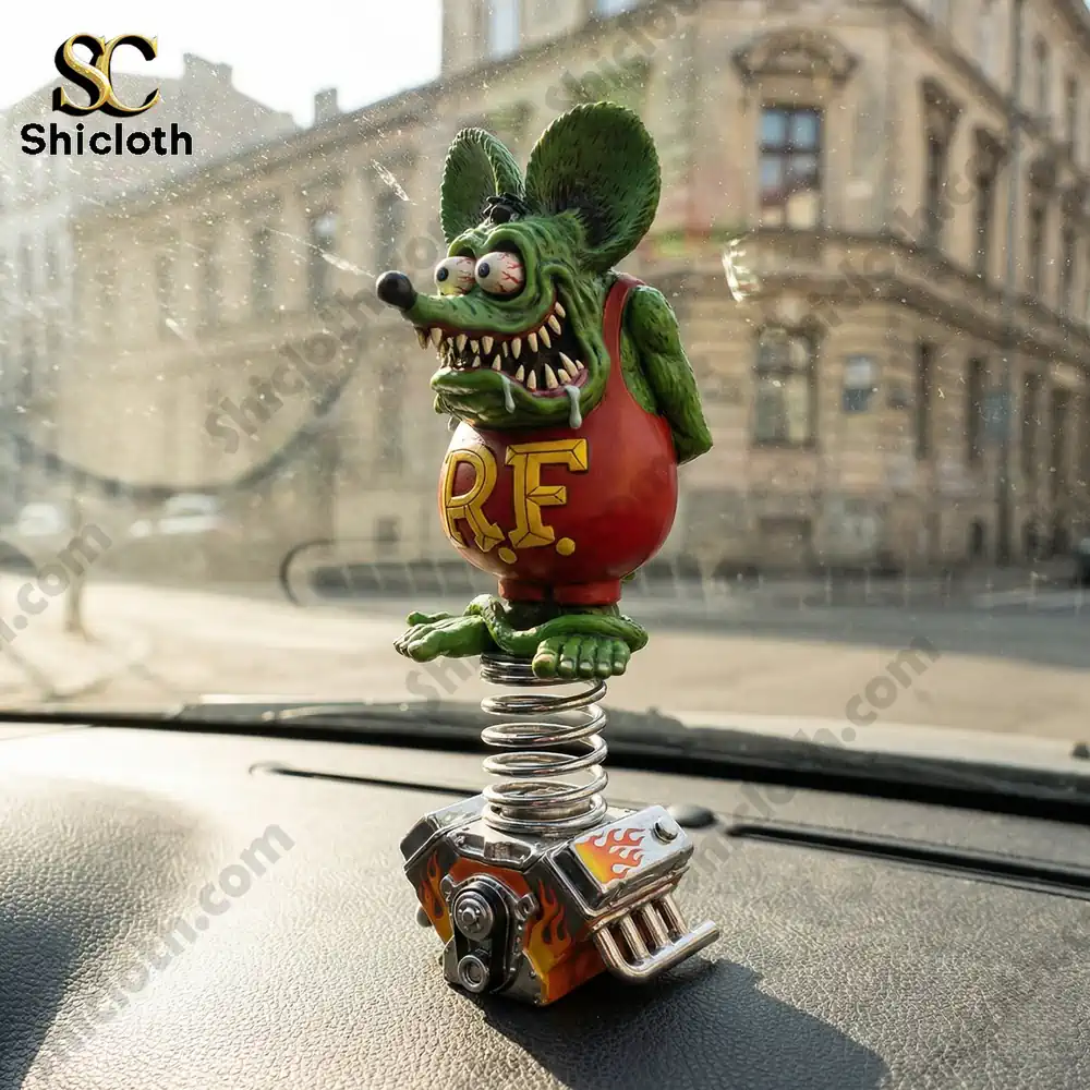 Rat Fink hot rod dashboard spring bobblehead on car dashboard with city background Shicloth!