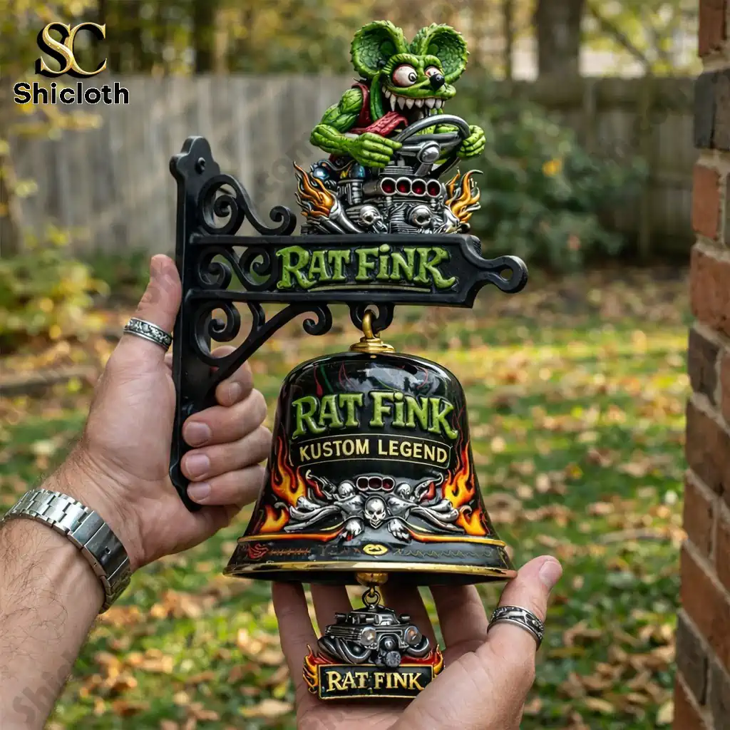 Rat Fink Kustom Legend wall bell held in hand outdoors with Shicloth logo visible