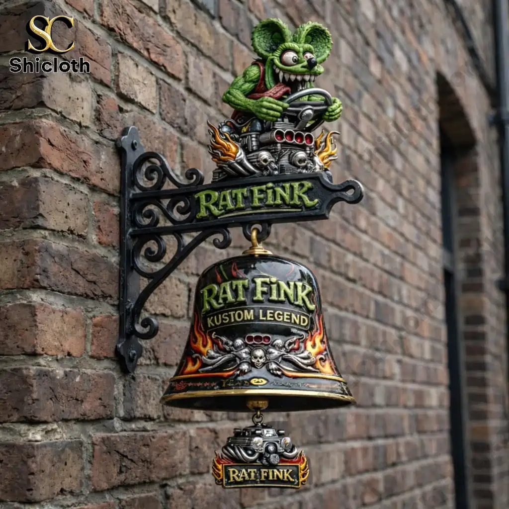 Rat Fink Kustom Legend wall bell mounted on brick wall with Shicloth logo