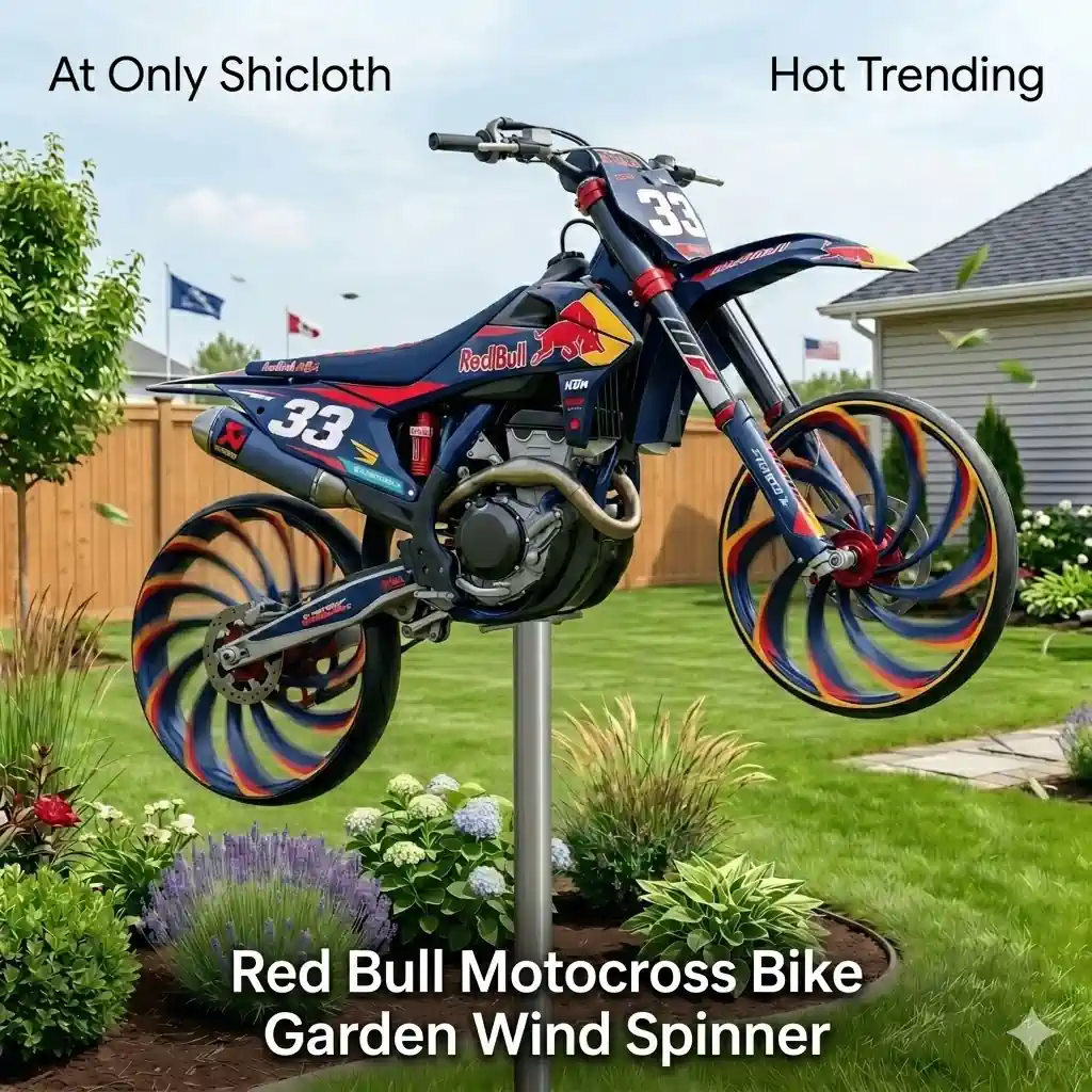 Promotional motocross bike garden wind spinner with branding text in outdoor setting