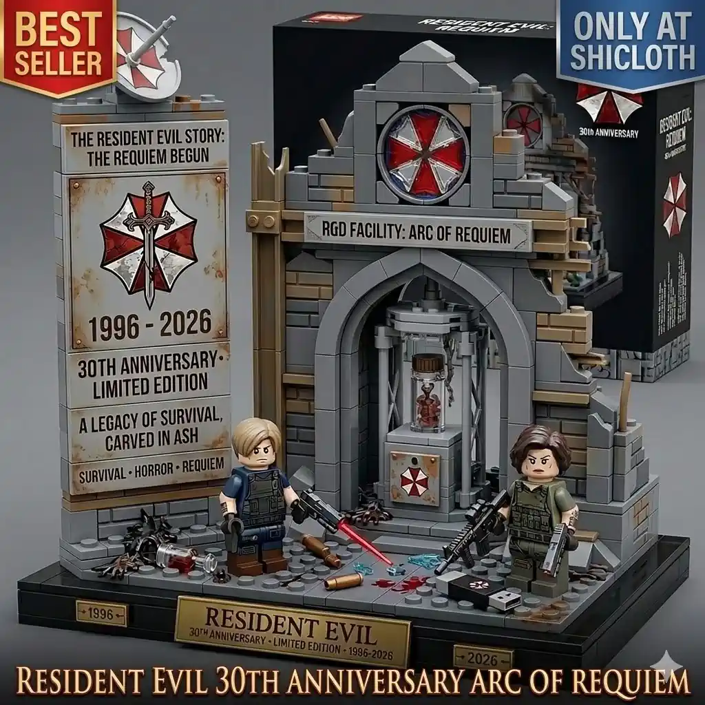 resident evil anniversary brick display with umbrella facility gate and two armed characters by shicloth!