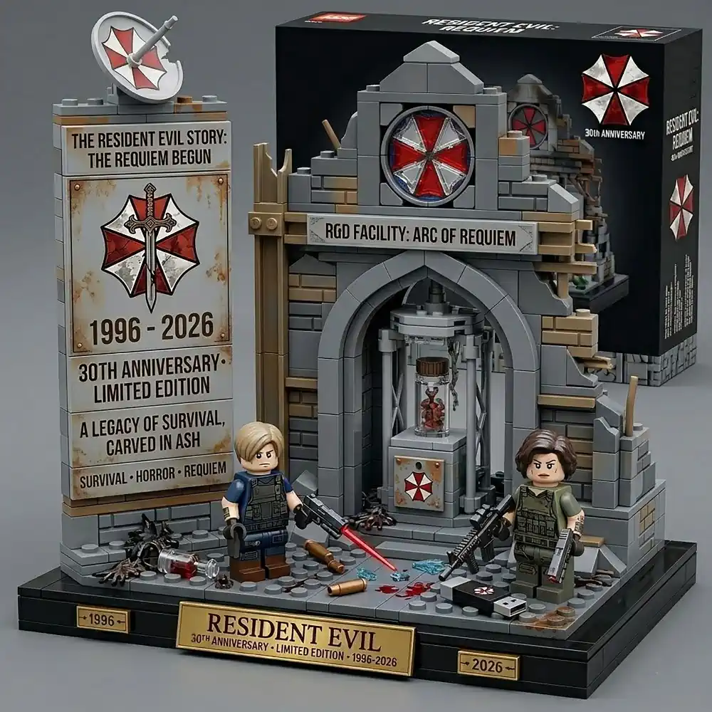 resident evil anniversary brick facility scene with umbrella logo chamber and product box by shicloth!