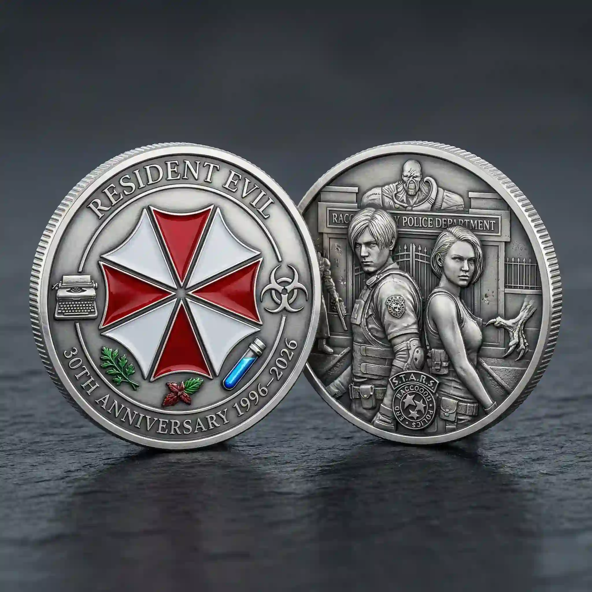 Resident Evil character collectible coin showing heroes standing before the Raccoon Police Department!