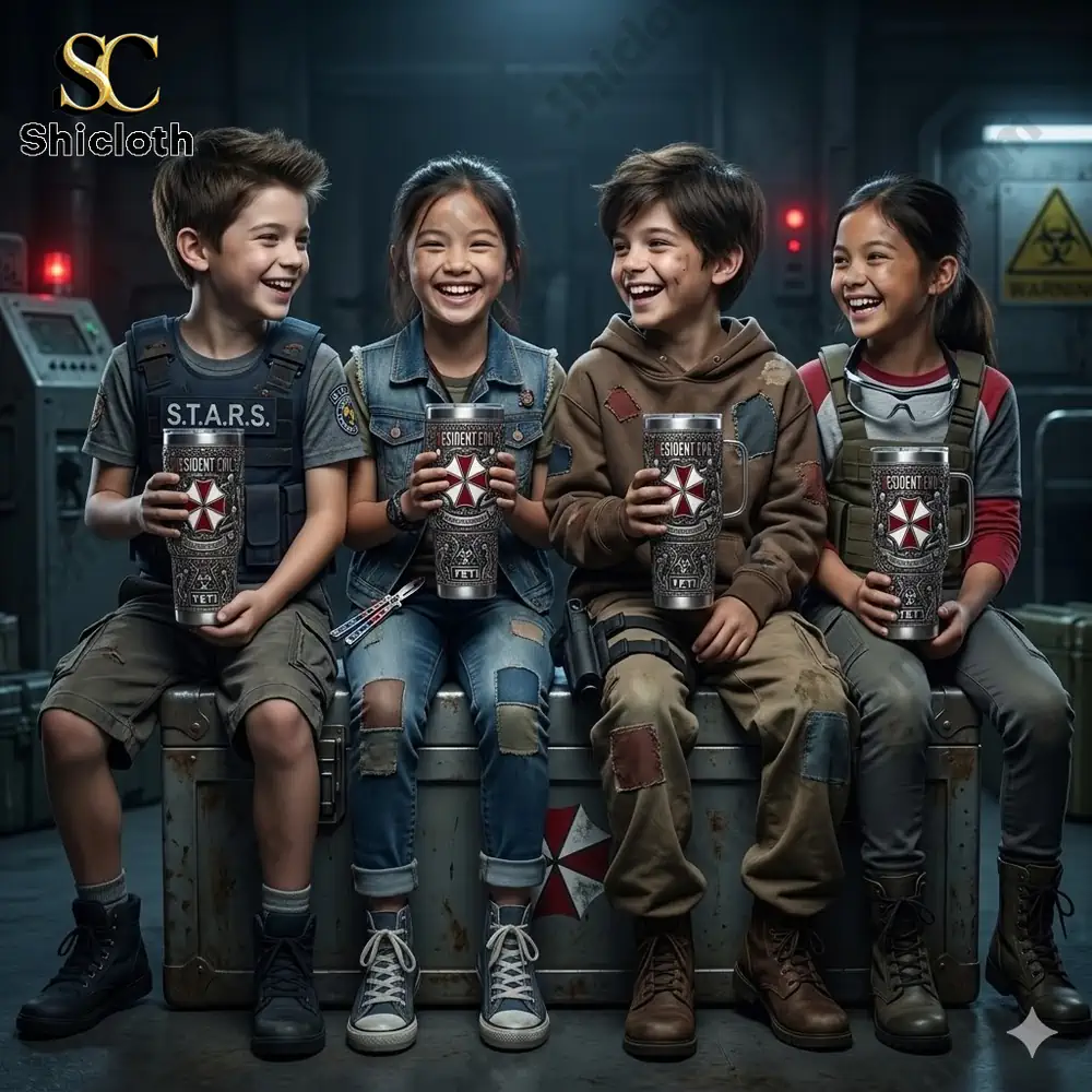 Kids holding Resident Evil themed tumbler cups in a futuristic lab setting!