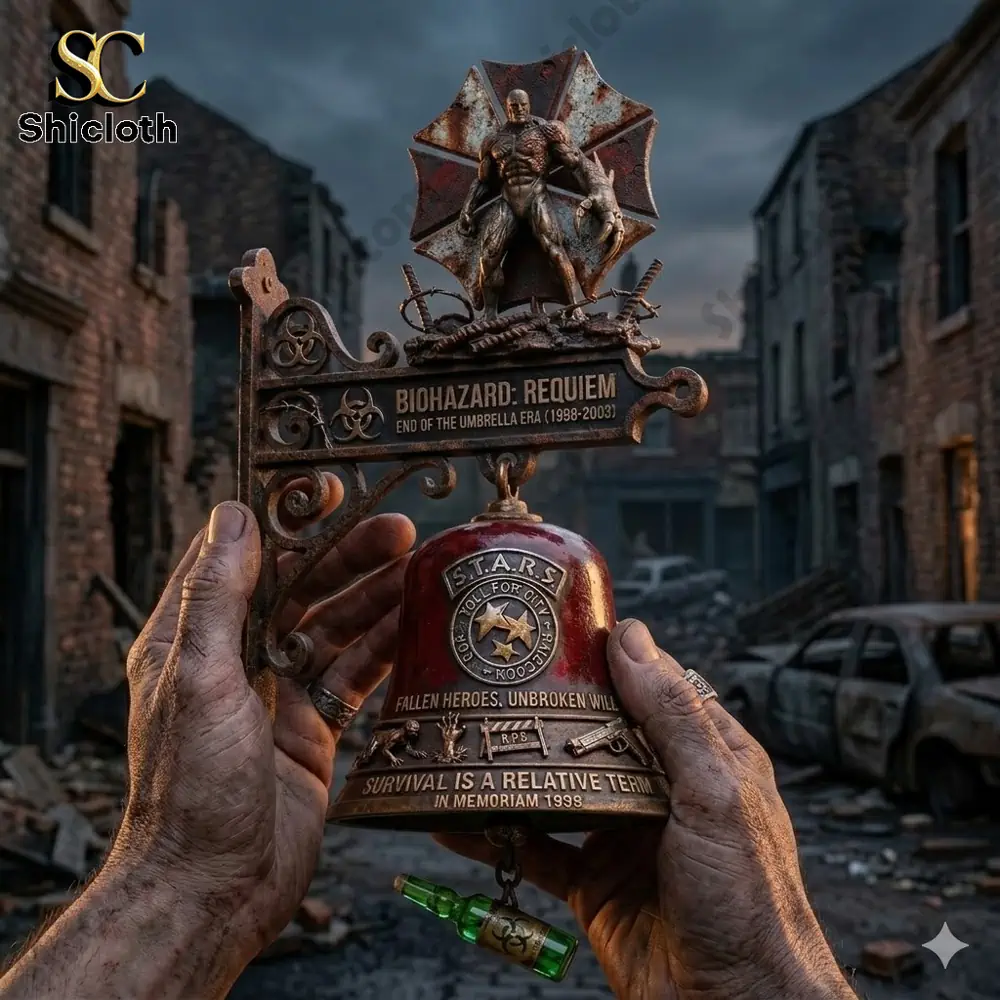 Hands holding a resident evil biohazard requiem wall bell with nemesis statue in ruined city!