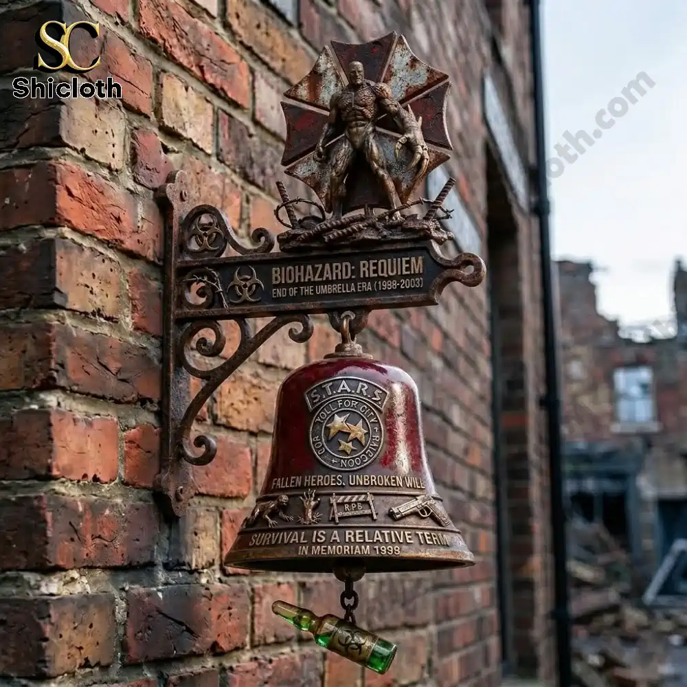 Resident evil biohazard requiem wall bell with nemesis statue mounted on brick wall!