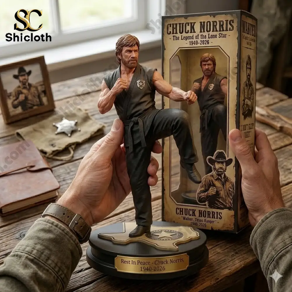 Chuck Norris figure held in hands with collector box