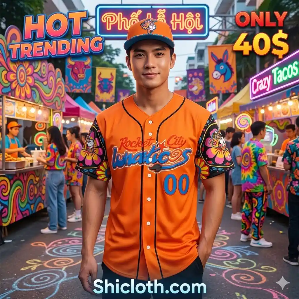 Model wearing Shicloth Rocket City Lunaticos orange jersey at colorful street festival