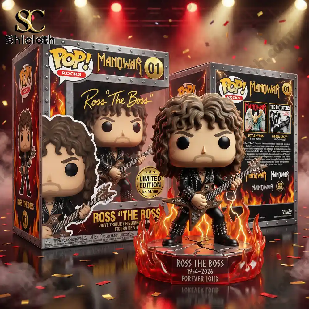 Rock guitarist figure with collectible box on a stage with lights and flames!