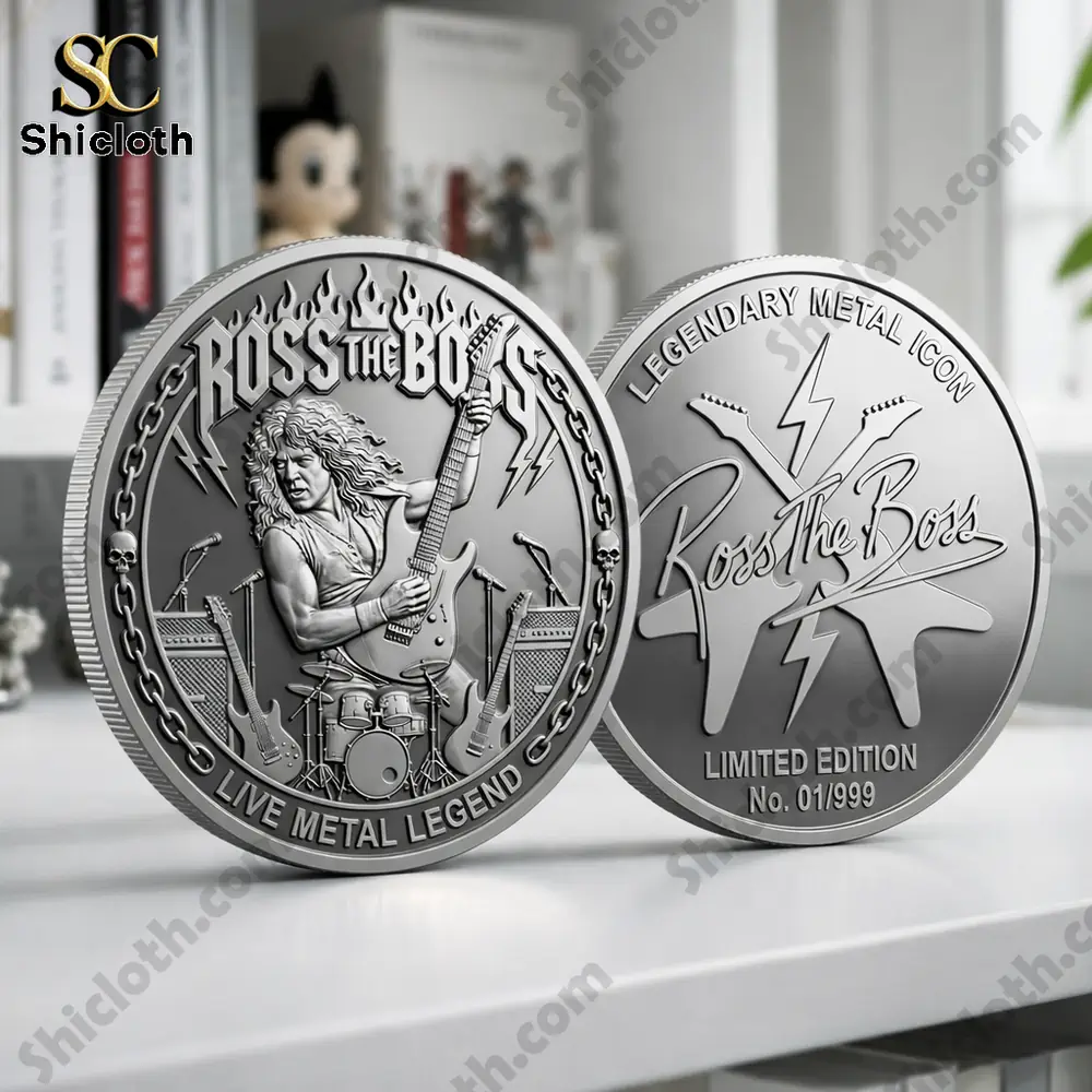 Two sides metal collectible coin with guitar design on shelf!