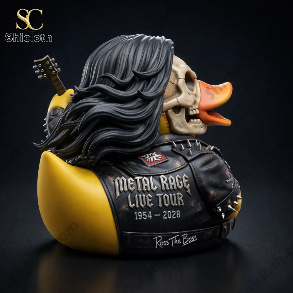 Back view metal duck figure with leather jacket and long hair!
