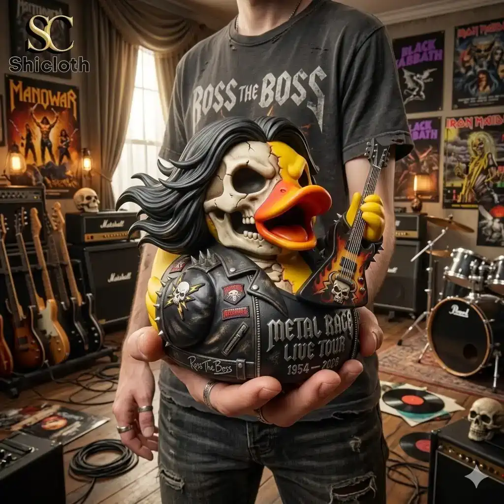 Person holding metal duck guitar figure in rock music room!
