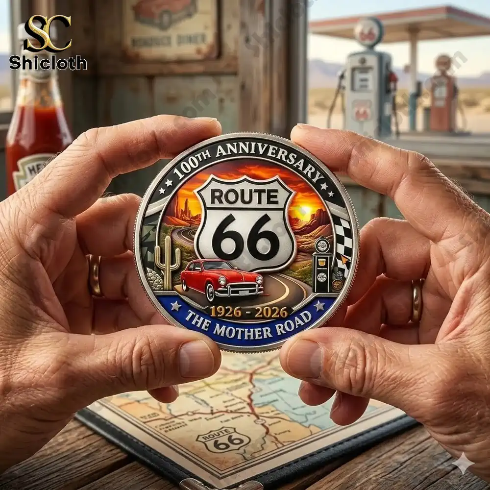 Hands holding Route 66 100th anniversary commemorative coin with desert road scene