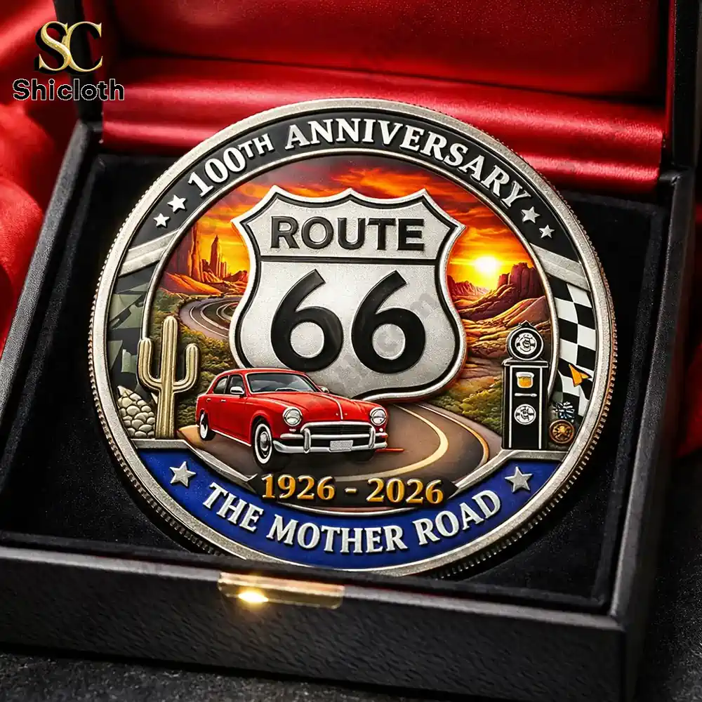 Route 66 100th anniversary commemorative coin displayed in red collector box