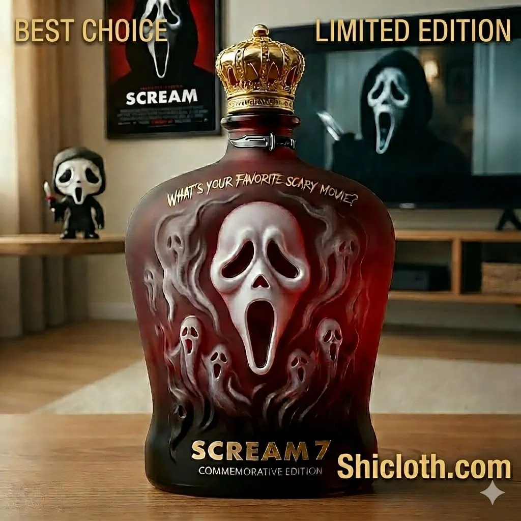 Scream ghost mask themed commemorative bottle displayed in a living room with horror movie background!