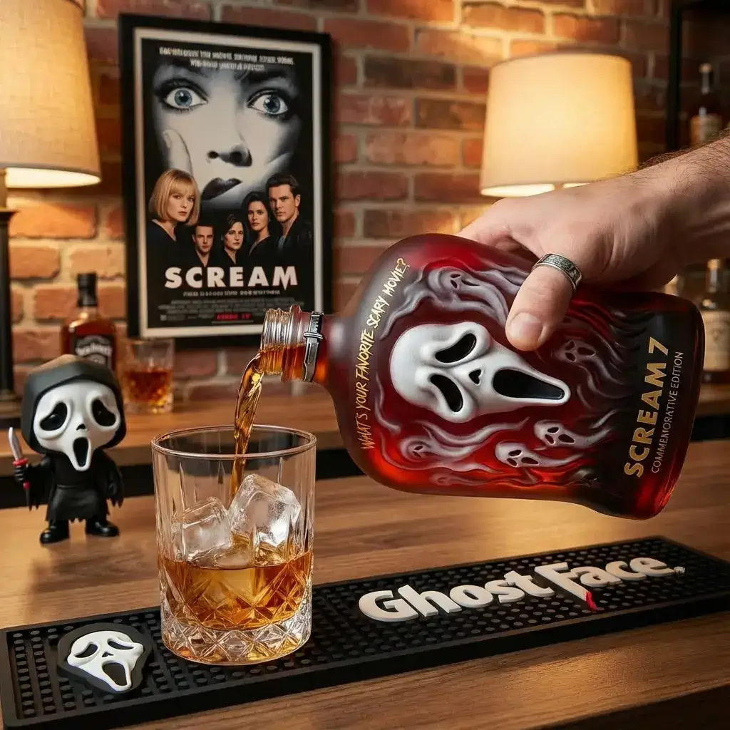 Ghost mask themed commemorative bottle pouring whiskey into a glass on a horror themed bar!
