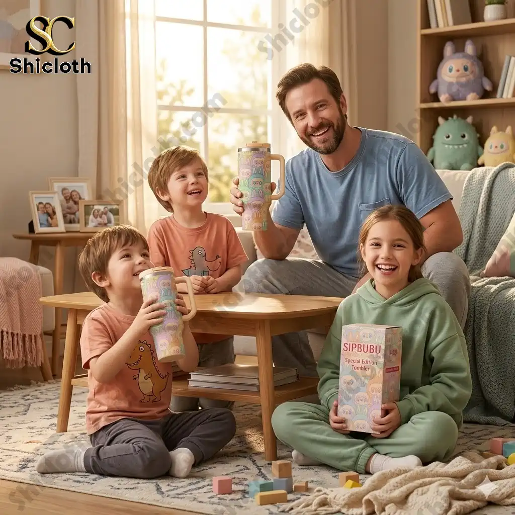 Happy family holding SIPBUBU Special Edition Juggy 40oz Tumbler in a bright living room!