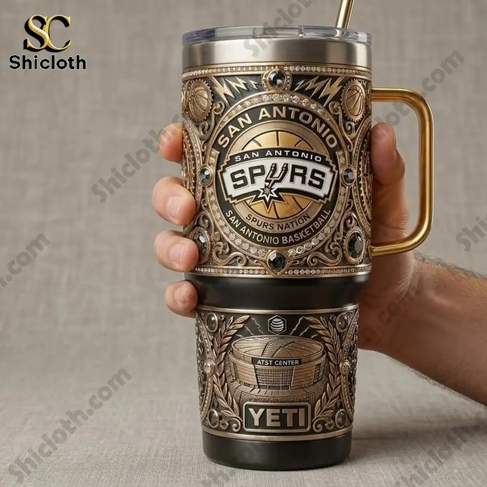 Hand holding detailed San Antonio Spurs tumbler close view!