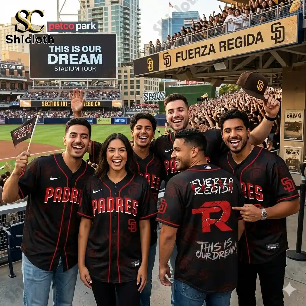 Group of fans wearing Padres jerseys at Petco Park celebrating Fuerza Regida stadium tour