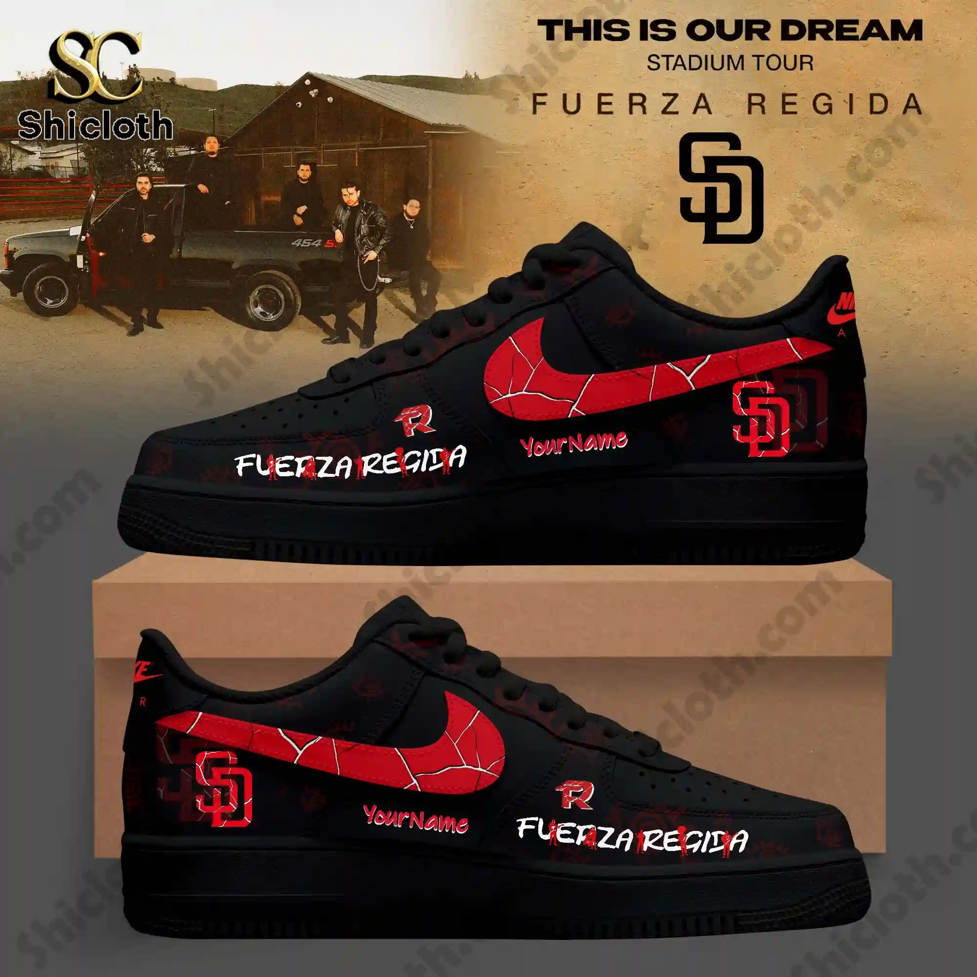 Black and red Padres Fuerza Regida custom sneakers with tour inspired design